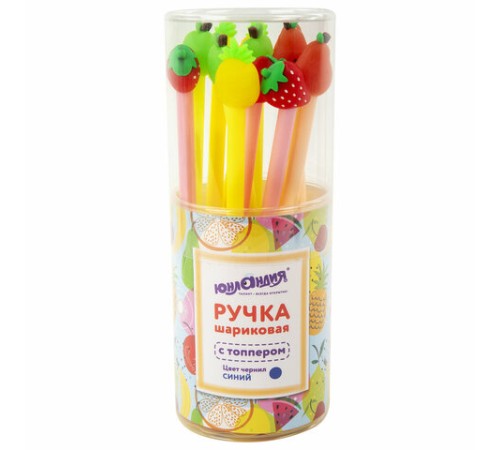 Ручка с топпером шариковая ЮНЛАНДИЯ "Фрукт", корпус ассорти, СИНЯЯ, пишущий узел 0,7 мм, 143810
