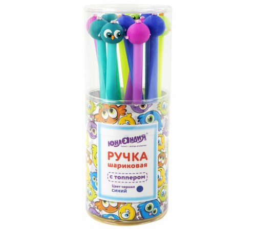 Ручка с топпером шариковая ЮНЛАНДИЯ "Птенец", корпус ассорти, СИНЯЯ, пишущий узел 0,7 мм, 143811
