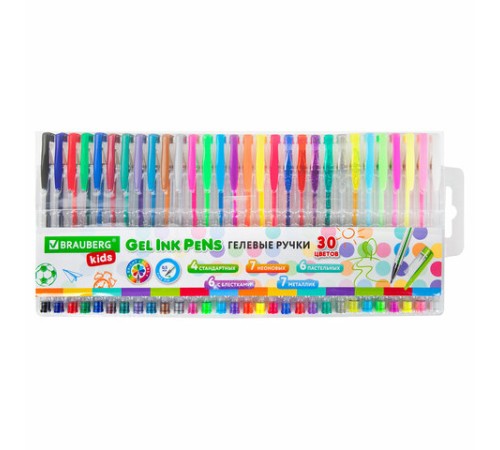 Ручки гелевые НАБОР 30 ЦВЕТОВ, линия письма 0,5 мм, BRAUBERG KIDS, 143819