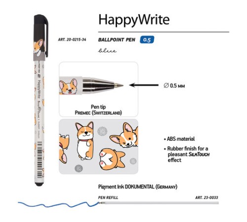 Ручка шариковая BRUNO VISCONTI HappyWrite, СИНЯЯ, "Корги", узел 0,5 мм, линия письма 0,3 мм, 20-0215/34 Ручка шариковая BRUNO VISCONTI HappyWrite, СИНЯЯ, "Корги", узел 0,5 мм, линия письма 0,3 мм, 20-0215/34