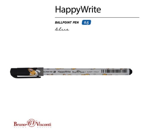 Ручка шариковая BRUNO VISCONTI HappyWrite, СИНЯЯ, "Корги", узел 0,5 мм, линия письма 0,3 мм, 20-0215/34 Ручка шариковая BRUNO VISCONTI HappyWrite, СИНЯЯ, "Корги", узел 0,5 мм, линия письма 0,3 мм, 20-0215/34