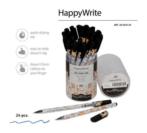 Ручка шариковая BRUNO VISCONTI HappyWrite, СИНЯЯ, "Корги", узел 0,5 мм, линия письма 0,3 мм, 20-0215/34 Ручка шариковая BRUNO VISCONTI HappyWrite, СИНЯЯ, "Корги", узел 0,5 мм, линия письма 0,3 мм, 20-0215/34