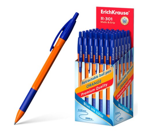 Ручка шариковая автоматическая с грипом ERICH KRAUSE "R-301 Orange", СИНЯЯ, узел 1,0 мм, линия письма 0,35 мм, 46762 Ручка шариковая автоматическая с грипом ERICH KRAUSE "R-301 Orange", СИНЯЯ, узел 1,0 мм, линия письма 0,35 мм, 46762