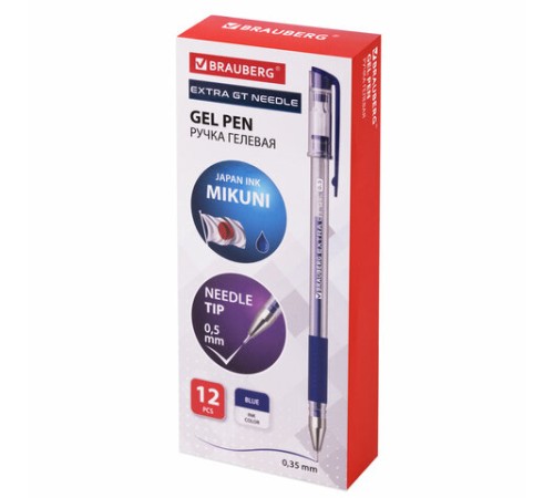 Ручка гелевая с грипом BRAUBERG "EXTRA GT NEEDLE", СИНЯЯ, игольчатый узел 0,5 мм, линия 0,35 мм, 143916