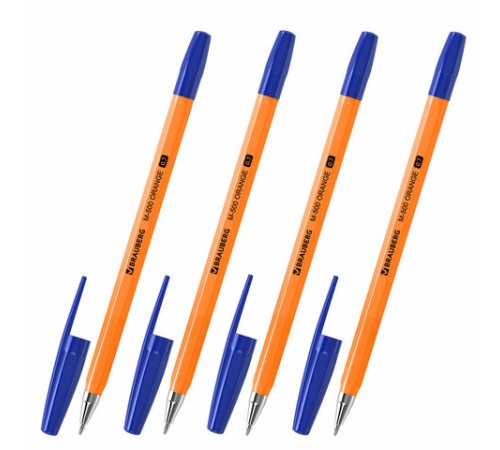 Ручки шариковые BRAUBERG "M-500 ORANGE", НАБОР 4 шт., СИНИЕ, узел 0,7 мм, линия письма 0,35 мм, 143950