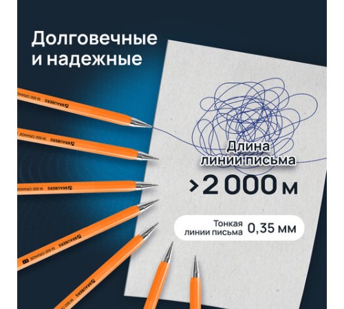 Ручки шариковые BRAUBERG "M-500 ORANGE", НАБОР 10 шт., СИНИЕ, узел 0,7 мм, линия письма 0,35 мм, 143951