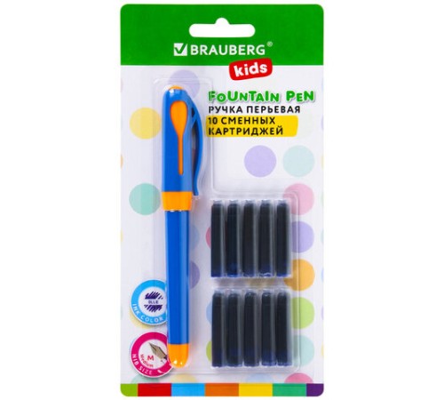 Ручка перьевая с 10 сменными картриджами, иридиевое перо, BRAUBERG KIDS, 143955 Ручка перьевая с 10 сменными картриджами, иридиевое перо, BRAUBERG KIDS, 143955