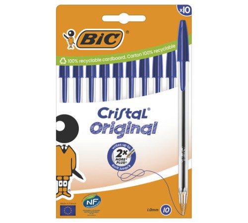 Ручки шариковые BIC "Cristal Original", НАБОР 10 шт., СИНИЕ, узел 1 мм, линия письма 0,32 мм, пакет, 830863