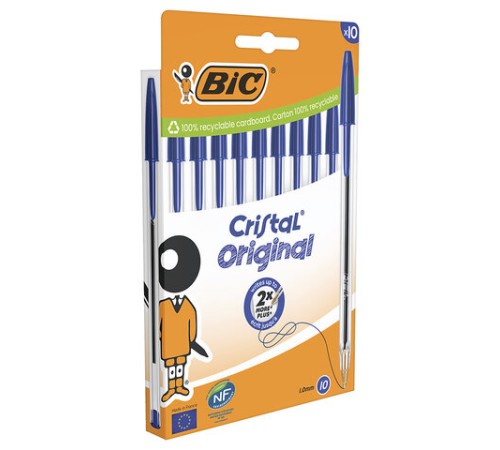 Ручки шариковые BIC "Cristal Original", НАБОР 10 шт., СИНИЕ, узел 1 мм, линия письма 0,32 мм, пакет, 830863