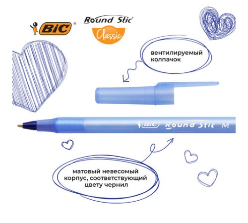 Ручки шариковые BIC "Round Stic", НАБОР 4 шт., СИНИЕ, узел 1 мм, линия письма 0,32 мм, пакет, 944176