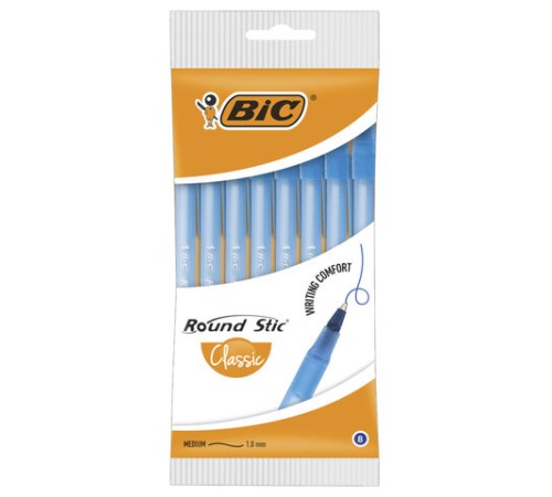Ручки шариковые BIC "Round Stic", НАБОР 8 шт., СИНИЕ, узел 1 мм, линия письма 0,32 мм, пакет, 928497