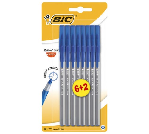 Ручки шариковые с грипом BIC "Round Stic Exact", НАБОР 6+2 шт., СИНИЕ, линия письма 0,28 мм, блистер, 932862
