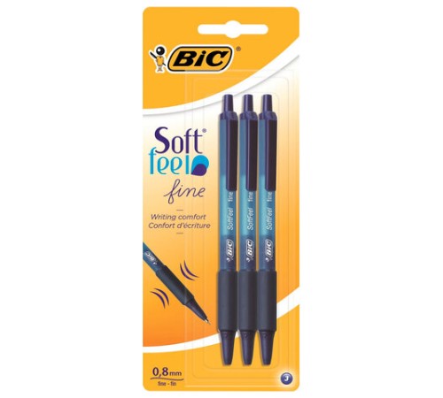 Ручки шариковые автоматические с грипом BIC "Soft Feel Fine", НАБОР 3 шт., линия письма 0,8 мм, блистер, 893221