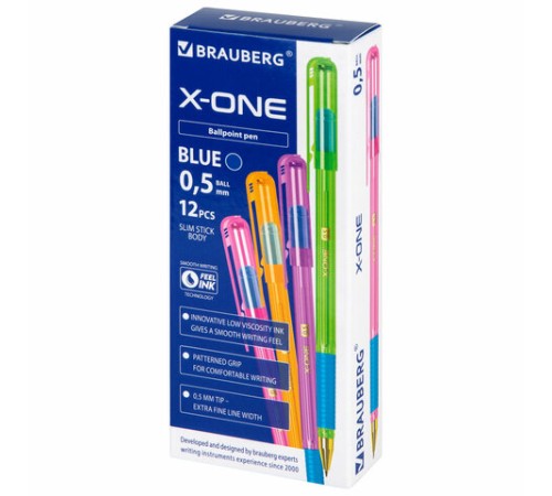 Ручка шариковая с грипом BRAUBERG "X-ONE NEON", СИНЯЯ, корпус ассорти, узел 0,5 мм, линия письма 0,35 мм, 143987 Ручка шариковая с грипом BRAUBERG "X-ONE NEON", СИНЯЯ, корпус ассорти, узел 0,5 мм, линия письма 0,35 мм, 143987