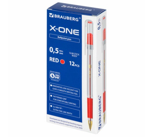 Ручка шариковая с грипом BRAUBERG "X-ONE", КРАСНАЯ, корпус прозрачный, узел 0,5 мм, линия письма 0,35 мм, 143989 Ручка шариковая с грипом BRAUBERG "X-ONE", КРАСНАЯ, корпус прозрачный, узел 0,5 мм, линия письма 0,35 мм, 143989