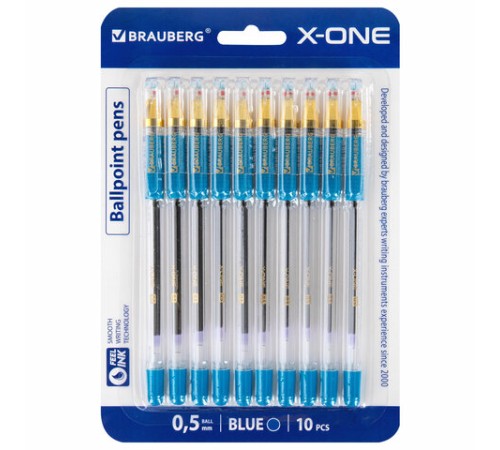 Ручки шариковые с грипом BRAUBERG "X-ONE", НАБОР 10 ШТУК, СИНИЕ, корпус прозрачный, узел 0,5 мм, линия письма 0,35 мм, 143990 Ручки шариковые с грипом BRAUBERG "X-ONE", НАБОР 10 ШТУК, СИНИЕ, корпус прозрачный, узел 0,5 мм, линия письма 0,35 мм, 143990
