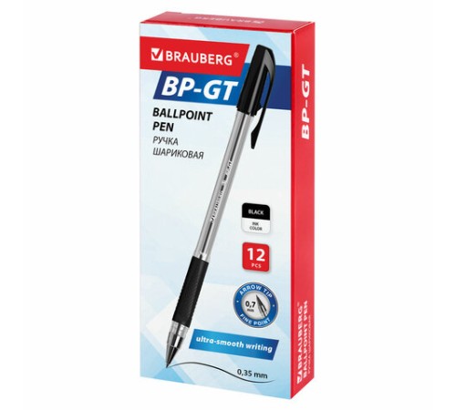 Ручка шариковая BRAUBERG "BP-GT", ЧЕРНАЯ, корпус прозрачный, евронаконечник 0,7 мм, линия письма 0,35 мм, 144006