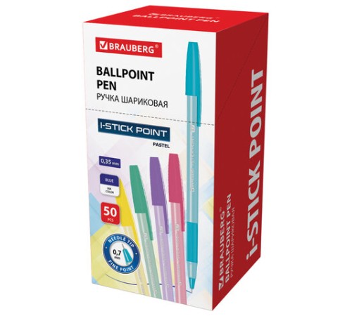 Ручка шариковая с грипом BRAUBERG "i-STICK POINT PASTEL", СИНЯЯ, корпус ассорти, игольчатый узел 0,7 мм, линия письма 0,35 мм, 144023
