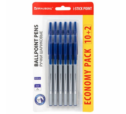 Ручки шариковые с грипом BRAUBERG "i-STICK POINT", НАБОР 10+2 ШТ., СИНИЕ, линия письма 0,35 мм, блистер,144025 Ручки шариковые с грипом BRAUBERG "i-STICK POINT", НАБОР 10+2 ШТ., СИНИЕ, линия письма 0,35 мм, блистер,144025