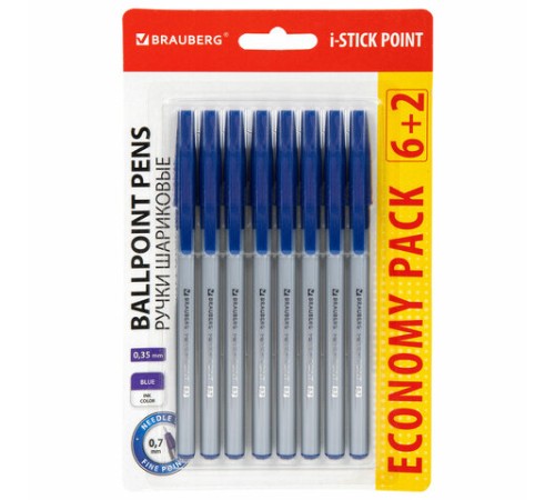 Ручки шариковые с грипом BRAUBERG "i-STICK POINT", НАБОР 6+2 ШТ., СИНИЕ, линия письма 0,35 мм, блистер, 144026 Ручки шариковые с грипом BRAUBERG "i-STICK POINT", НАБОР 6+2 ШТ., СИНИЕ, линия письма 0,35 мм, блистер, 144026