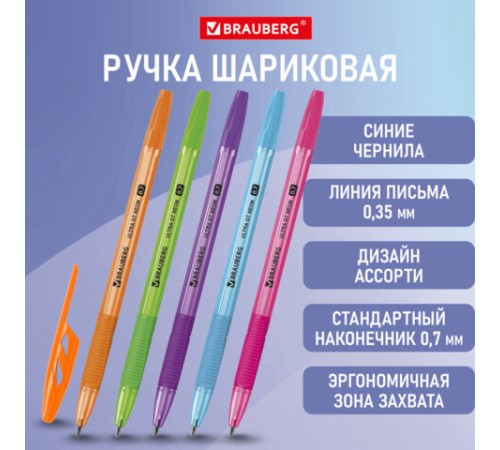 Ручка шариковая с грипом BRAUBERG "ULTRA GT NEON", СИНЯЯ, корпус ассорти, линия 0,35 мм, 144054 Ручка шариковая с грипом BRAUBERG "ULTRA GT NEON", СИНЯЯ, корпус ассорти, линия 0,35 мм, 144054