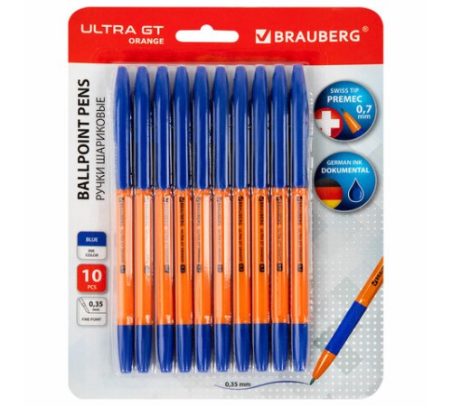 Ручки шариковые с грипом BRAUBERG "ULTRA GT ORANGE", НАБОР 10 ШТУК, СИНИЕ, 0,35 мм, блистер, 144057