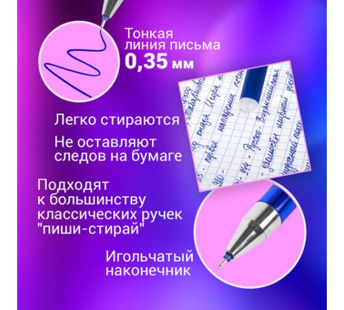 Стержни стираемые гелевые в ПЛАСТИКОВОЙ ТУБЕ, СИНИЕ, КОМПЛЕКТ 20 ШТУК, игольчатый наконечник 0,5 мм, линия 0,35 мм, 144094
