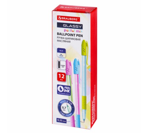 Ручка шариковая масляная с грипом BRAUBERG GLASSY PASTEL MIX, СИНЯЯ, корпус ассорти, линия 0,35 мм,144105