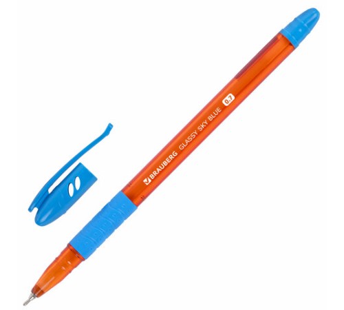 Ручка шариковая масляная с грипом BRAUBERG GLASSY SKY BLUE, СВЕТЛО-СИНЯЯ, узел 0,7 мм, линия письма 0,35 мм, 144107