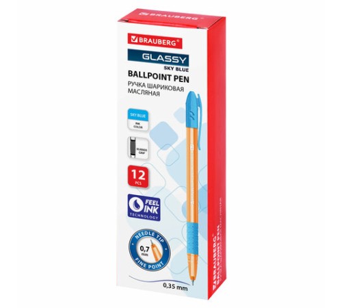 Ручка шариковая масляная с грипом BRAUBERG GLASSY SKY BLUE, СВЕТЛО-СИНЯЯ, узел 0,7 мм, линия письма 0,35 мм, 144107