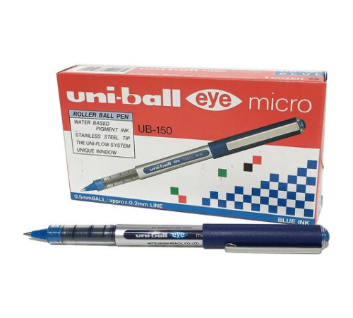 Ручка-роллер Uni-Ball Eye, СИНЯЯ, корпус серебро, узел 0,5 мм, линия 0,3 мм, UB-150 BLUE