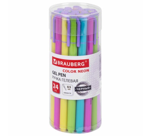 Ручка гелевая BRAUBERG "COLOR NEON", ЧЕРНАЯ, корпус ассорти, узел 0,5 мм, линия 0,35 мм, 144120