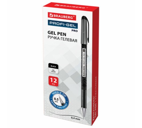 Ручка гелевая BRAUBERG "Profi-Gel PRO", ЧЕРНАЯ, линия письма 0,4 мм, игольчатый наконечник 0,5 мм, печать на корпусе, 144124 Ручка гелевая BRAUBERG "Profi-Gel PRO", ЧЕРНАЯ, линия письма 0,4 мм, игольчатый наконечник 0,5 мм, печать на корпусе, 144124