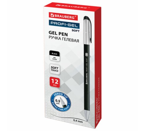 Ручка гелевая BRAUBERG "Profi-Gel SOFT", ЧЕРНАЯ, линия письма 0,4 мм, стандартный наконечник 0,5 мм, прорезиненный корпус SOFT-TOUCH, 144129