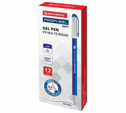 Ручка гелевая BRAUBERG "Profi-Gel SOFT", СИНЯЯ, линия письма 0,4 мм, стандартный наконечник 0,5 мм, прорезиненный корпус SOFT-TOUCH, 144130
