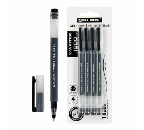 Ручки гелевые BRAUBERG X-WRITER 1800, УВЕЛИЧЕННАЯ ДЛИНА ПИСЬМА 1 800 м, ЧЕРНЫЕ, НАБОР 4 ШТУКИ, стандартный узел 0,5 мм, 144136 Ручки гелевые BRAUBERG X-WRITER 1800, УВЕЛИЧЕННАЯ ДЛИНА ПИСЬМА 1 800 м, ЧЕРНЫЕ, НАБОР 4 ШТУКИ, стандартный узел 0,5 мм, 144136