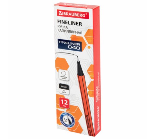 Ручка капиллярная (линер) ЧЕРНАЯ, BRAUBERG "FINE 040", шестигранная, линия письма 0,4 мм, 144139