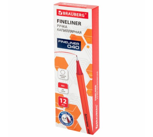Ручка капиллярная (линер) КРАСНАЯ, BRAUBERG "FINE 040", шестигранная, линия письма 0,4 мм, 144142 Ручка капиллярная (линер) КРАСНАЯ, BRAUBERG "FINE 040", шестигранная, линия письма 0,4 мм, 144142
