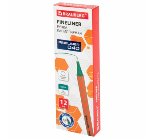 Ручка капиллярная (линер) ЗЕЛЕНАЯ, BRAUBERG "FINE 040", шестигранная, линия письма 0,4 мм, 144144