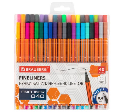 Ручки капиллярные (линеры) 40 ЦВЕТОВ, BRAUBERG "FINE 040", шестигранные, линия 0,4 мм, 144146