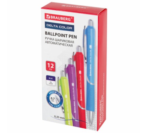 Ручка шариковая автоматическая с грипом BRAUBERG DELTA COLOR, СИНЯЯ, ассорти, узел 0,7 мм, линия письма 0,35 мм, 144202