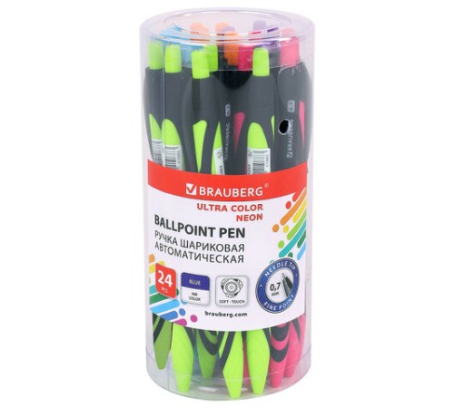 Ручка шариковая автоматическая BRAUBERG ULTRA COLOR NEON, soft-touch, СИНЯЯ, пишущий узел 0,7 мм, линия письма 0,35 мм, 144203