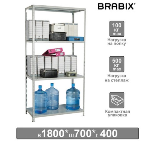 Стеллаж металлический BRABIX "MS KD-180/40/70-4", 1800х700х400 мм, 4 полки, компактная упаковка, 291113, S240BR124402 Стеллаж металлический BRABIX "MS KD-180/40/70-4", 1800х700х400 мм, 4 полки, компактная упаковка, 291113, S240BR124402