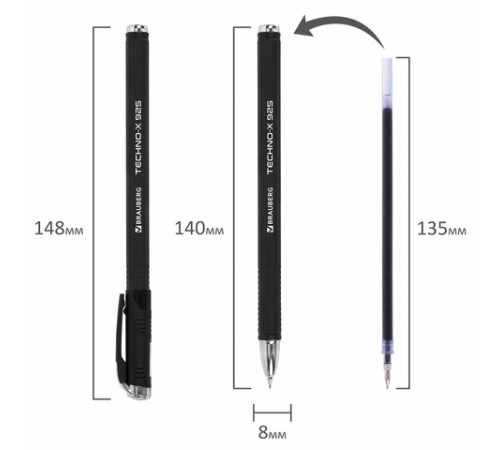 Ручка шариковая масляная BRAUBERG "Techno-X 925", СИНЯЯ, корпус черный, серебристые детали, линия 0,5 мм, 144224