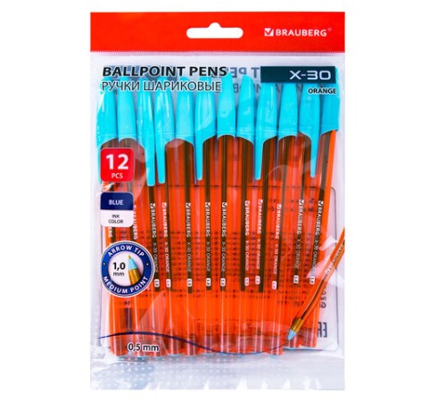 Ручки шариковые BRAUBERG X-30 ORANGE, КОМПЛЕКТ 12 шт., СИНИЕ, пишущий узел 1 мм, линия письма 0,5 мм, 144334 Ручки шариковые BRAUBERG X-30 ORANGE, КОМПЛЕКТ 12 шт., СИНИЕ, пишущий узел 1 мм, линия письма 0,5 мм, 144334