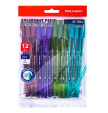 Ручки шариковые BRAUBERG X-30 COLOR MIX, КОМПЛЕКТ 12 ШТ., СИНИЕ, пишущий узел 1 мм, линия письма 0,5 мм, 144336