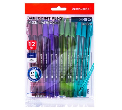 Ручки шариковые BRAUBERG X-30 COLOR MIX, КОМПЛЕКТ 12 ШТ., СИНИЕ, пишущий узел 1 мм, линия письма 0,5 мм, 144336 Ручки шариковые BRAUBERG X-30 COLOR MIX, КОМПЛЕКТ 12 ШТ., СИНИЕ, пишущий узел 1 мм, линия письма 0,5 мм, 144336