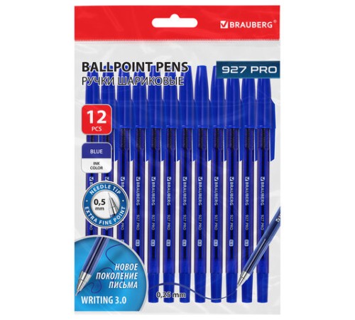 Ручки шариковые BRAUBERG 927 PRO "WRITING 3.0", КОМПЛЕКТ 12 ШТ., СИНИЕ, пишущий узел 0,5 мм, линия письма 0,25 мм, 144338 Ручки шариковые BRAUBERG 927 PRO "WRITING 3.0", КОМПЛЕКТ 12 ШТ., СИНИЕ, пишущий узел 0,5 мм, линия письма 0,25 мм, 144338