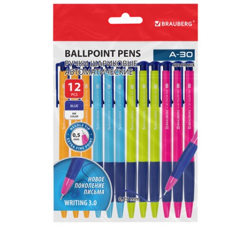 Ручки шариковые автоматические BRAUBERG A-30 COLOR MIX "WRITING 3.0", КОМПЛЕКТ 12 ШТ., СИНИЕ, узел 0,5 мм, линия 0,25 мм, 144342 Ручки шариковые автоматические BRAUBERG A-30 COLOR MIX "WRITING 3.0", КОМПЛЕКТ 12 ШТ., СИНИЕ, узел 0,5 мм, линия 0,25 мм, 144342