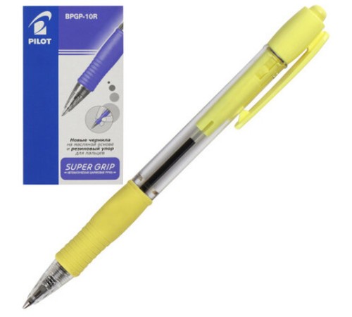 Ручка шариковая автоматическая с грипом PILOT Super Grip, СИНЯЯ, желтые детали, линия 0,21 мм, BPGP-10R-F, BPGP-10R-F Y